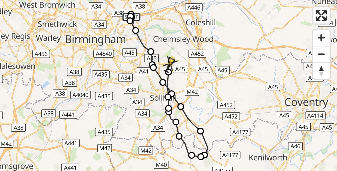 Routekaart van de vlucht: Police Helicopter to Solihull, Rangoon Road