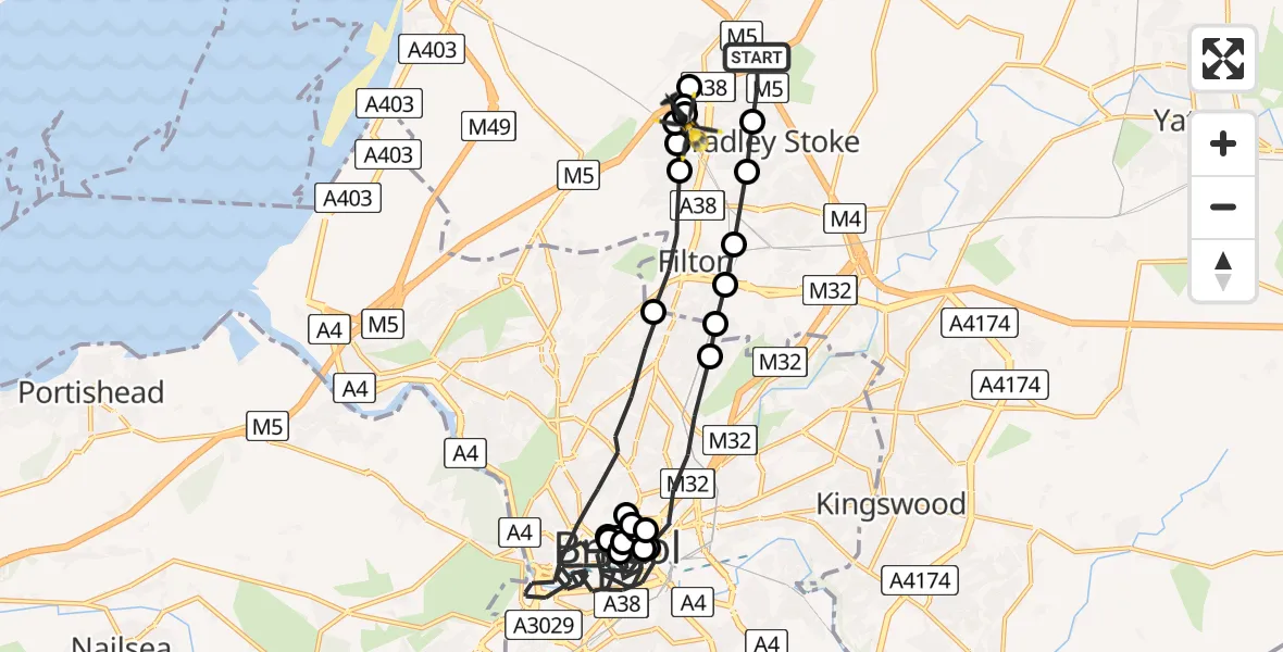 Flight route map: Police Helicopter to Patchway, Park Avenue
