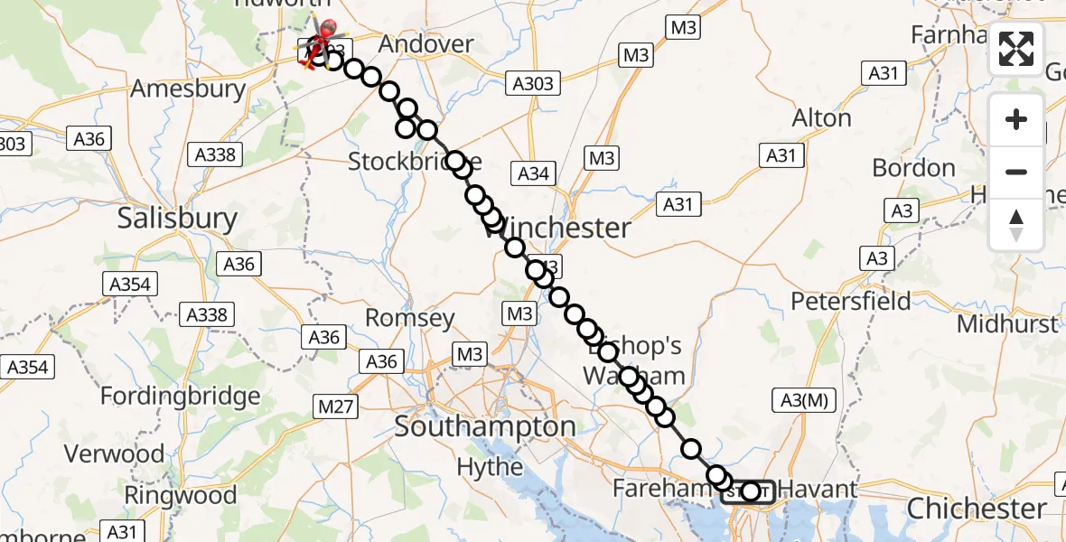 Flight route map: Air Ambulance Helicopter to Kimpton, Circuit Road