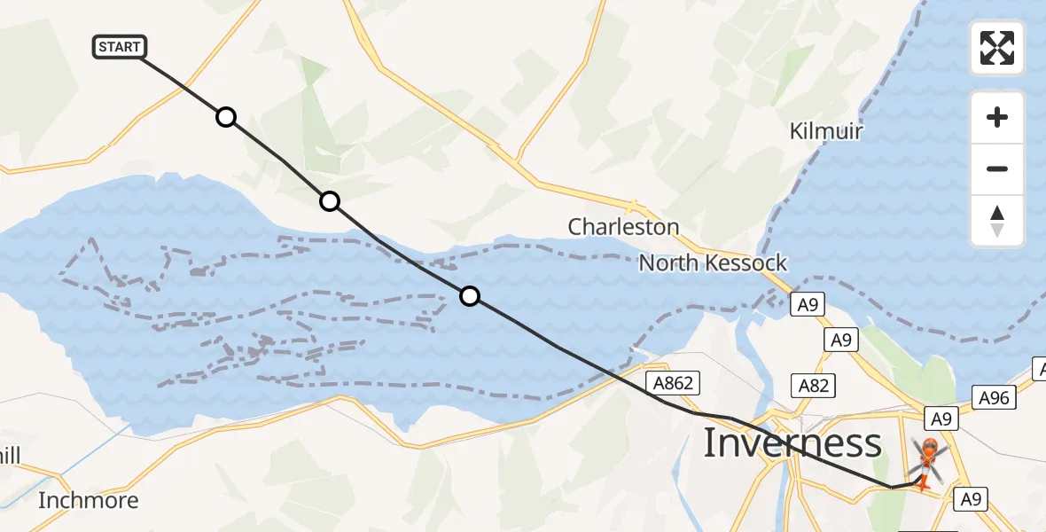 Flight path map showing Coastguard Helicopter route from Inverness to Inverness