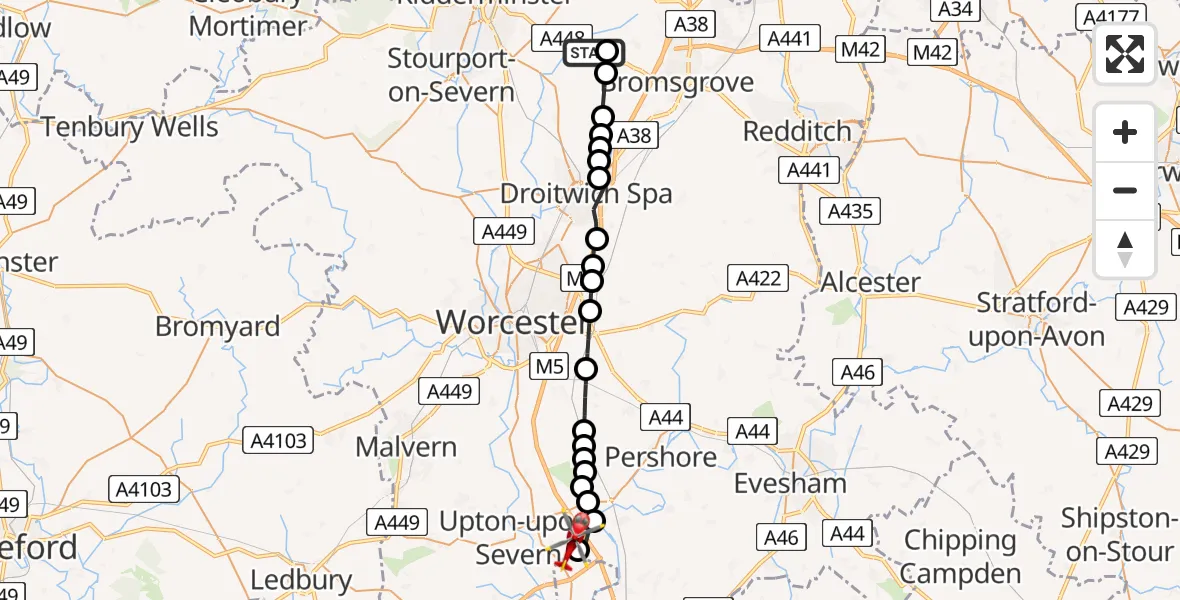 Routekaart van de vlucht: Air Ambulance Helicopter to Upper Strensham, Strensham Road