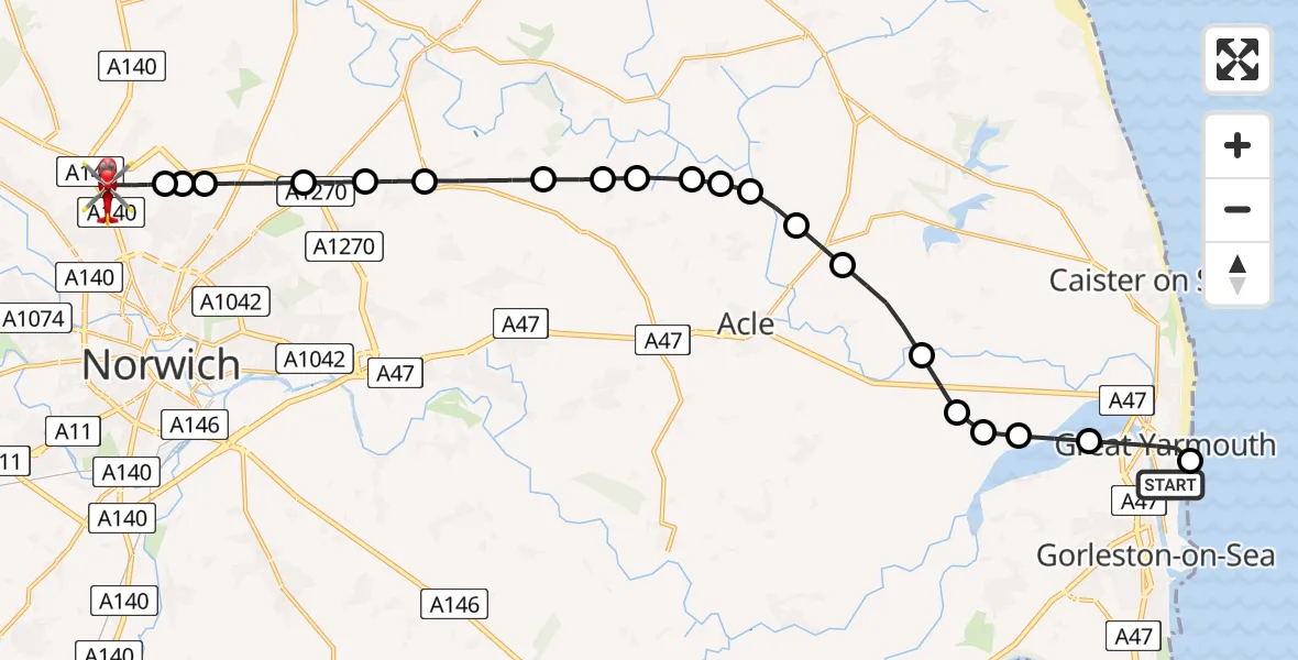 Flight route map: Air Ambulance Helicopter to Norwich Airport, Norwich Airport