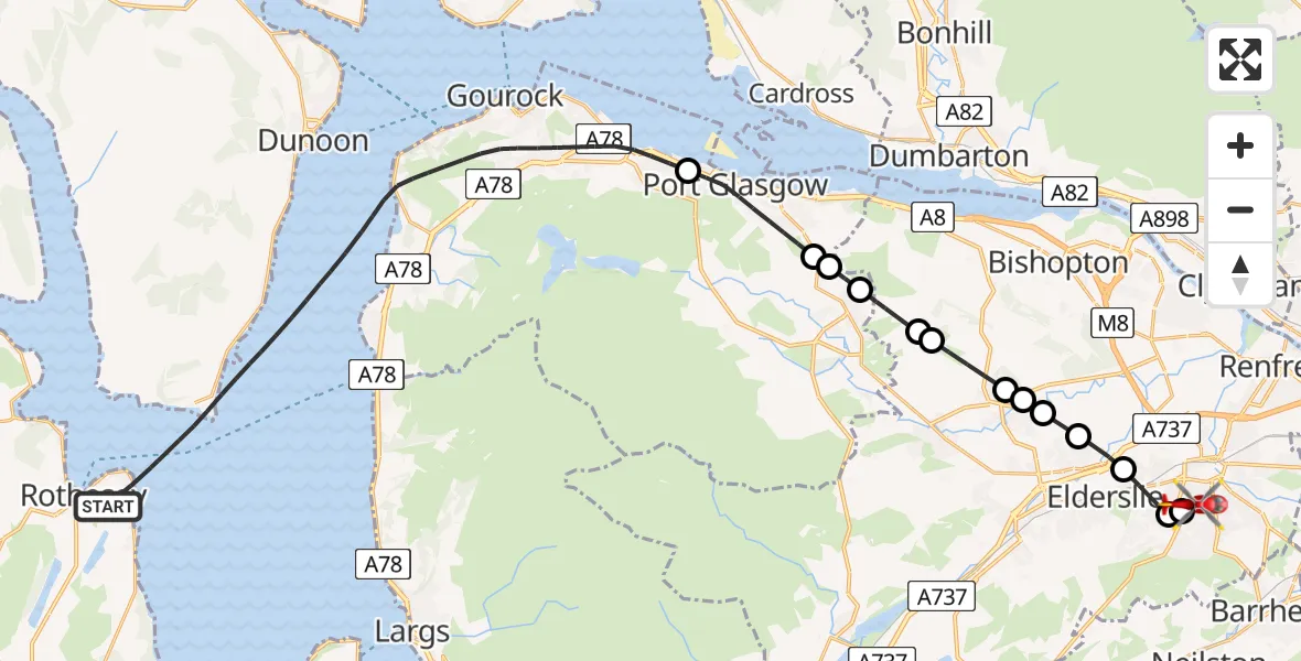 Flight route map: Air Ambulance Helicopter to Royal Alexandria Hospital Paisley, Royal Alexandria Hospital Paisley