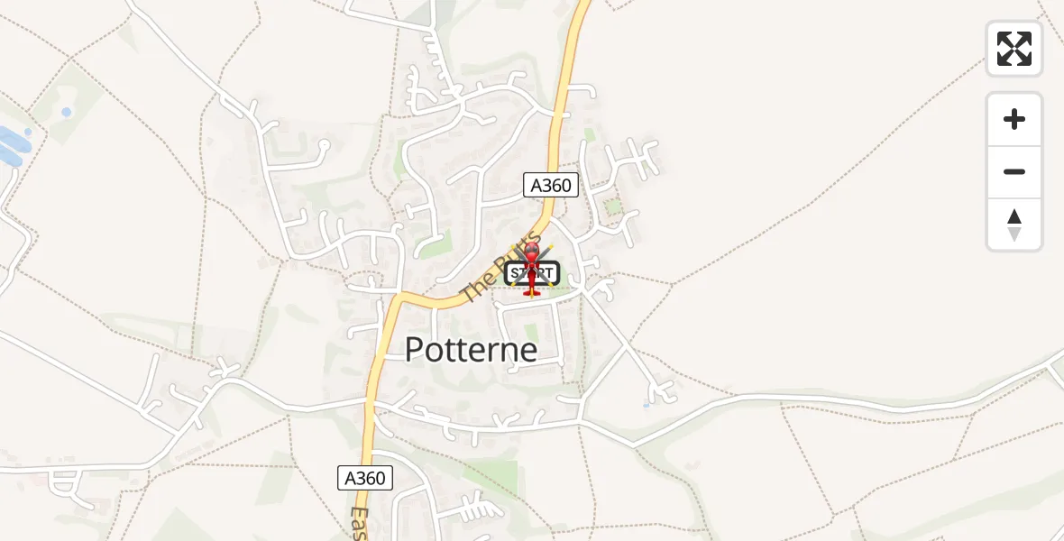 Flight route map: Air Ambulance Helicopter to Potterne, The Butts