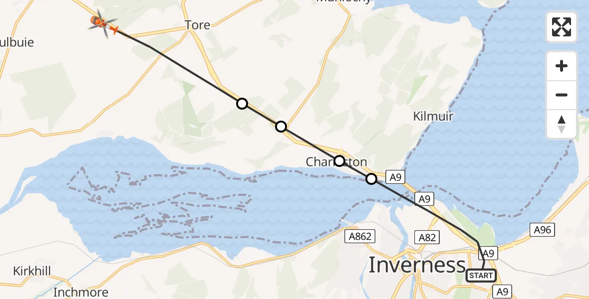 Flight route map: Coastguard Helicopter to Mulbuie, Drynie Park