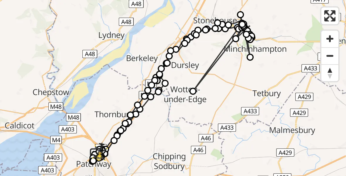 Flight route map: Police Helicopter to Almondsbury Helicopter Base, Almondsbury Helicopter Base