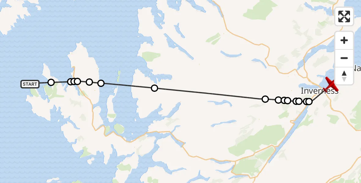 Flight path map showing Air Ambulance Aircraft route from Inner Seas to Inverness