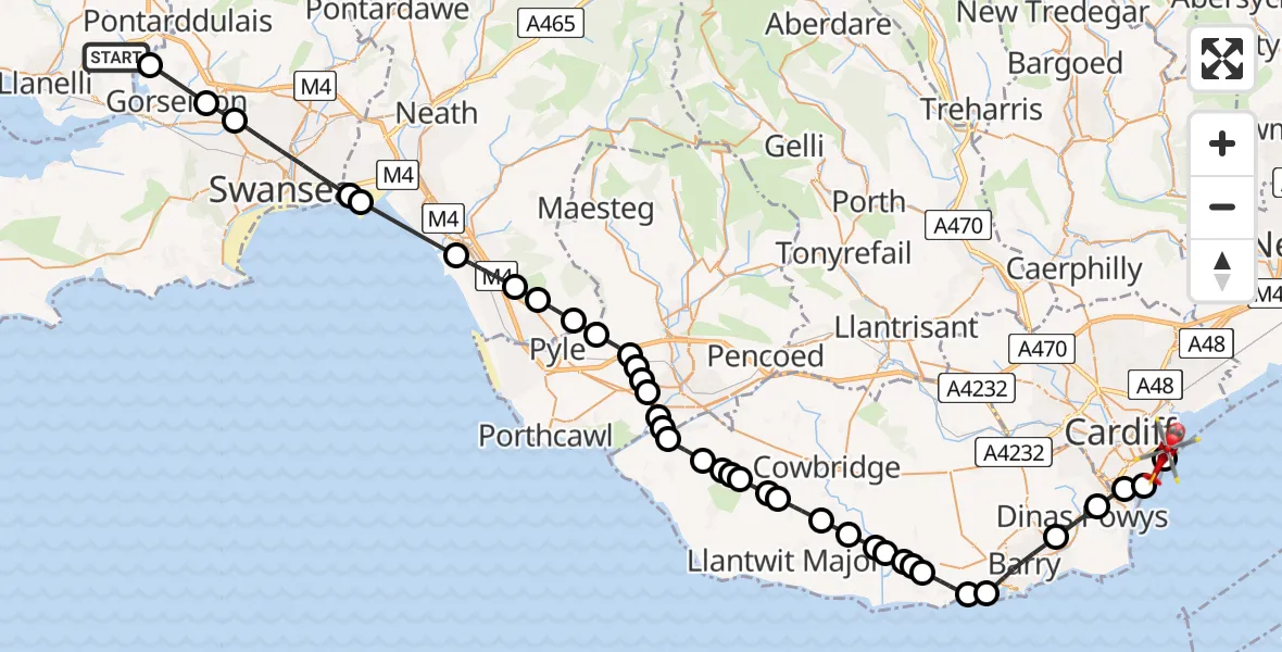 Flight route map: Air Ambulance Helicopter to Cardiff Heliport, Cardiff Heliport