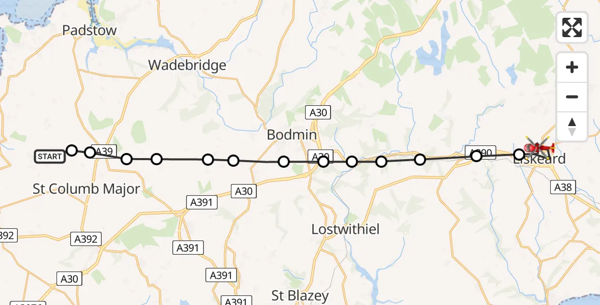 Routekaart van de vlucht: Air Ambulance Helicopter to Liskeard, Liskeard & Looe RFC