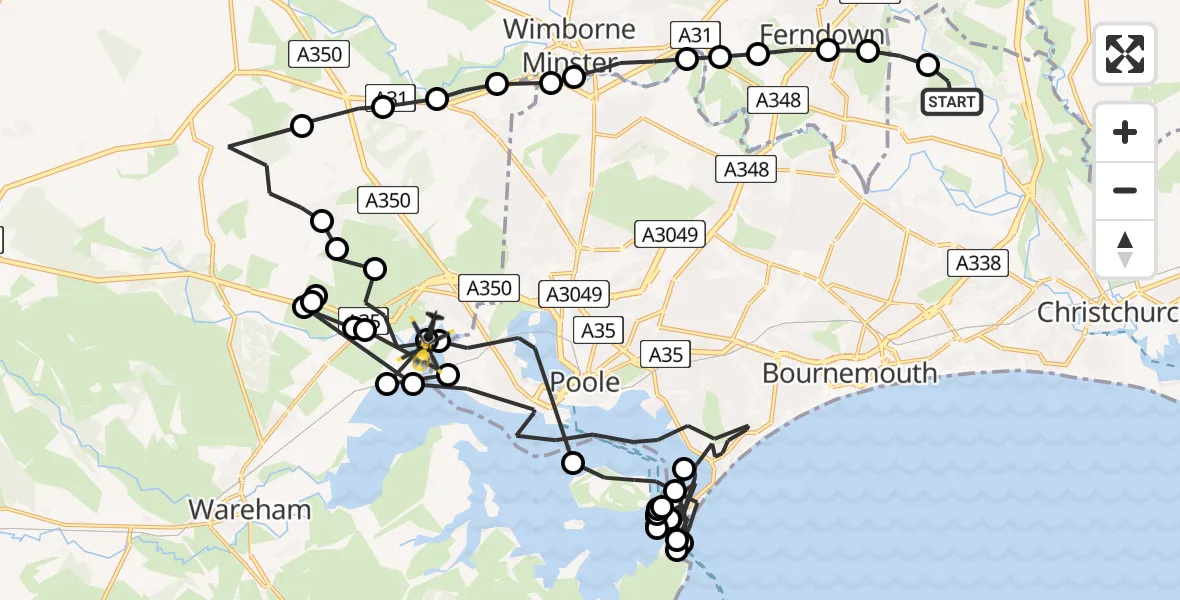 Routekaart van de vlucht: Police Helicopter to Lytchett Minster and Upton, Lytchett Minster and Upton