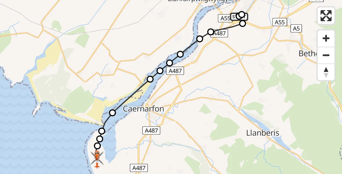 Flight route map: Coastguard Helicopter to Caernarfon Airport, Caernarfon Airport