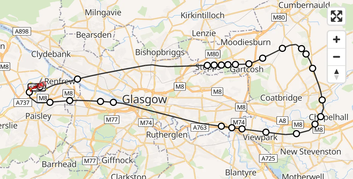 Flight path map showing Air Ambulance Helicopter route from Glasgow Airport to Glasgow Airport