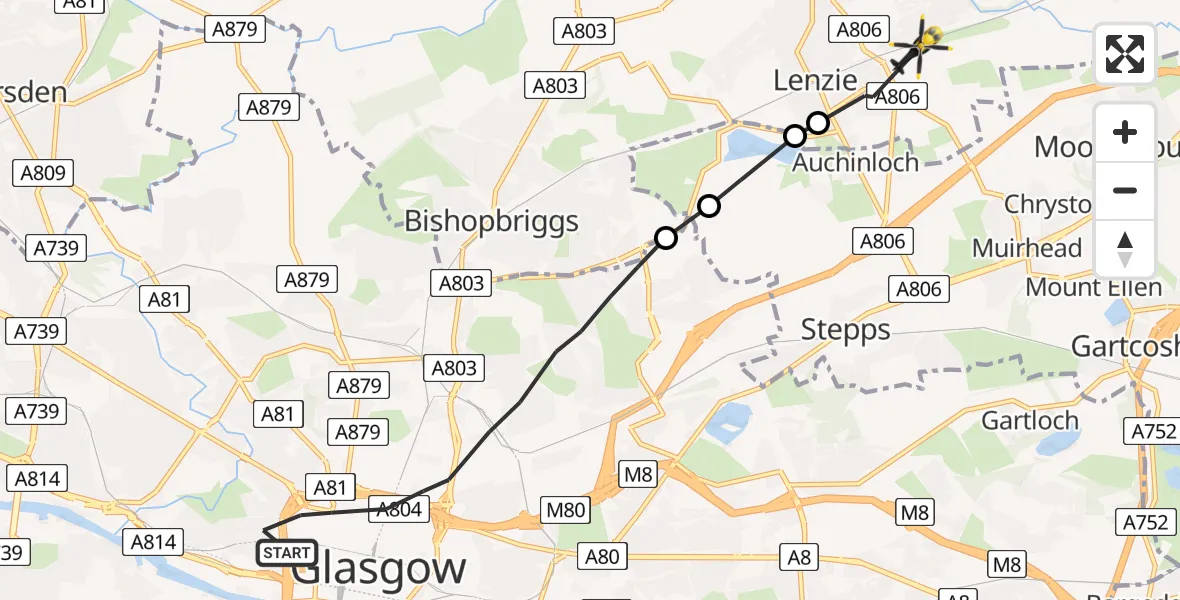 Flight route map: Police Helicopter to Lenzie, Plantain Grove