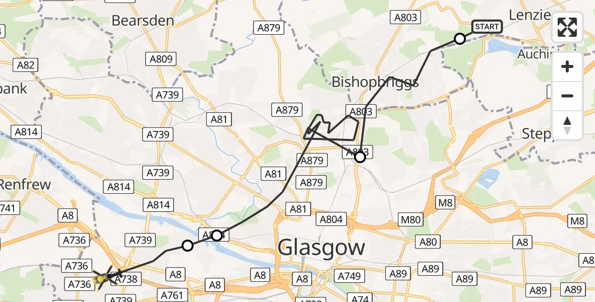 Flight route map: Police Helicopter to Glasgow, Ladykirk Drive