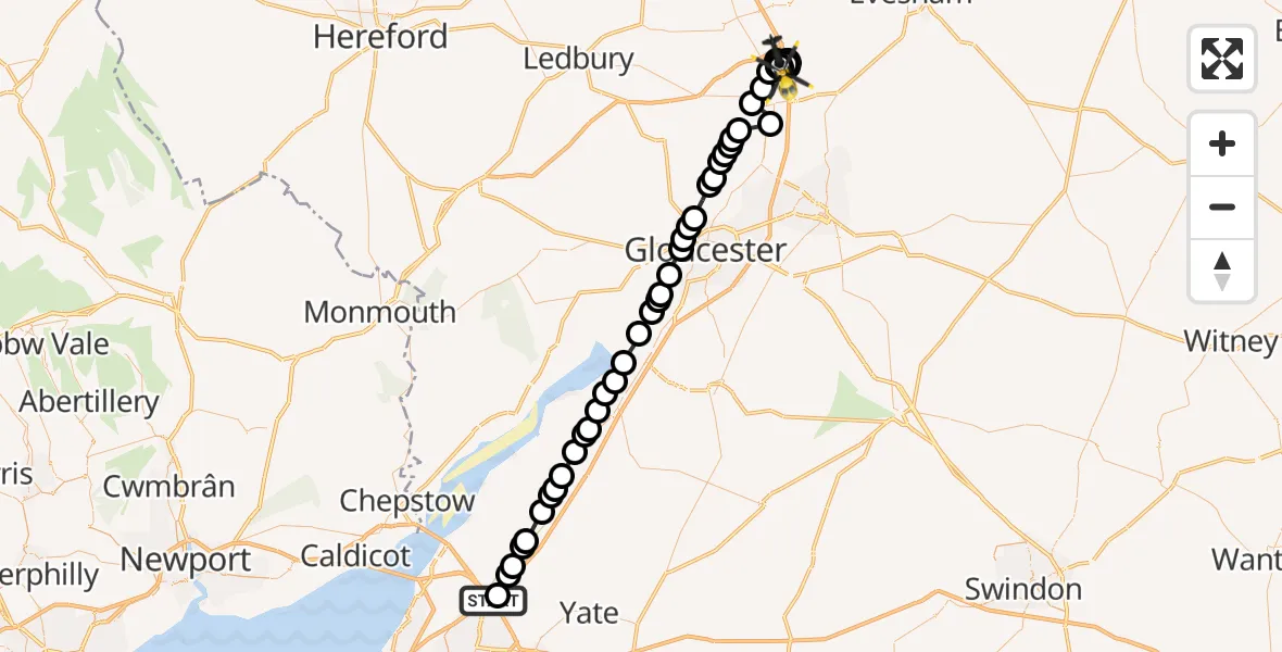 Routekaart van de vlucht: Police Helicopter to Bredon, Fleet Lane