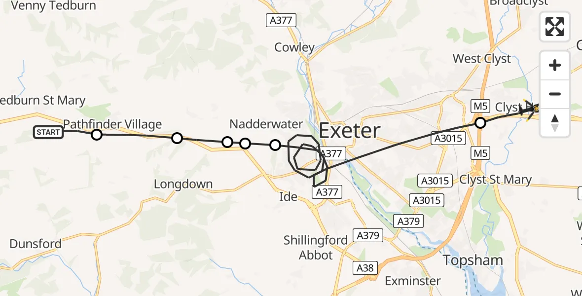 Routekaart van de vlucht: Police Helicopter to Clyst Honiton, Clystside