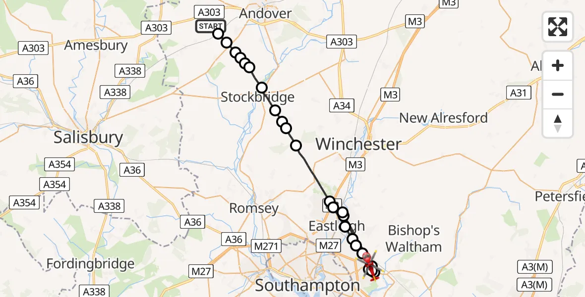 Flight route map: Air Ambulance Helicopter to Hedge End, Woodhouse Lane