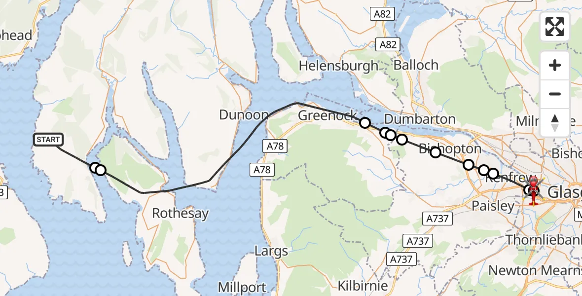 Flight route map: Air Ambulance Helicopter to Queen Elizabeth Hospital, Queen Elizabeth Hospital