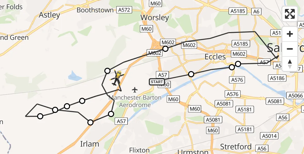 Flight route map: Police Helicopter to Irlam, Twelve Yards Road
