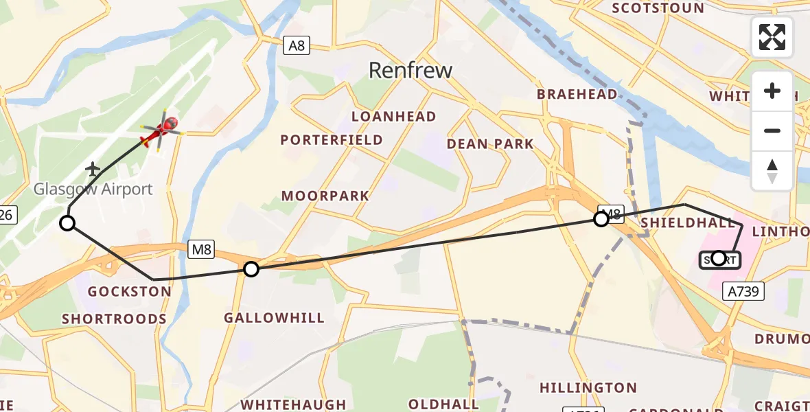 Flight route map: Air Ambulance Helicopter to Glasgow Airport, Glasgow Airport