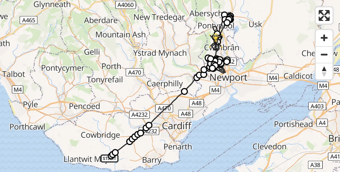 Flight route Police Helicopter MOD St Athan - Cwmbrân, 26 January 2026, 01:22