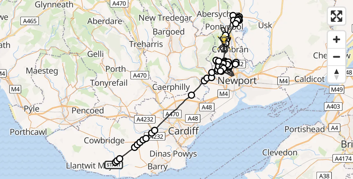 Flight route map: Police Helicopter to Cwmbrân, Maendy Place