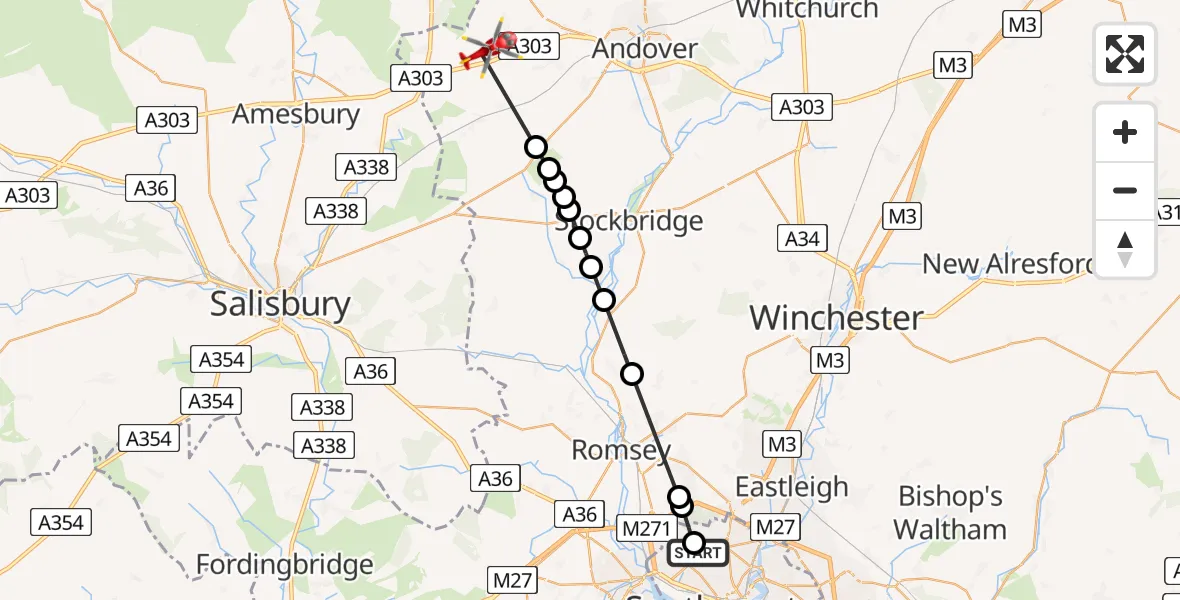 Flight route map: Air Ambulance Helicopter to Kimpton, Circuit Road