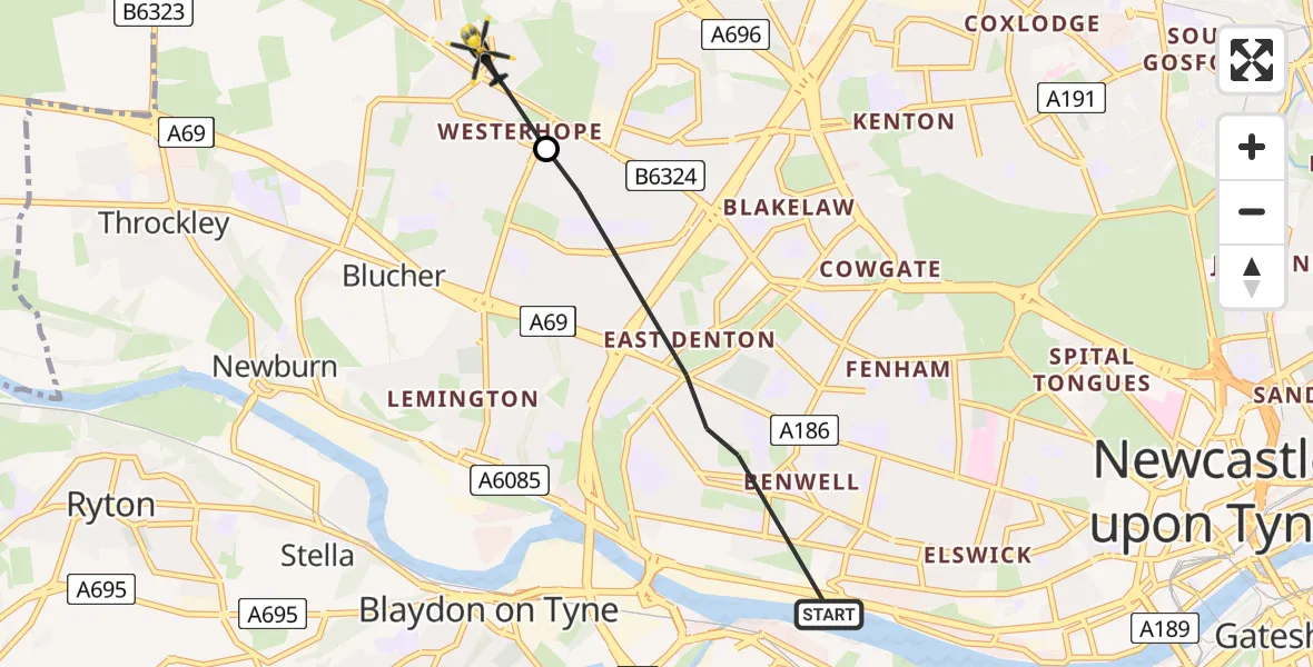 Flight route map: Police Helicopter to Callerton, Orchid Drive
