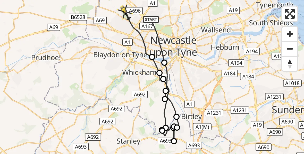 Flight route map: Police Helicopter to Newcastle upon Tyne, Redburn Road