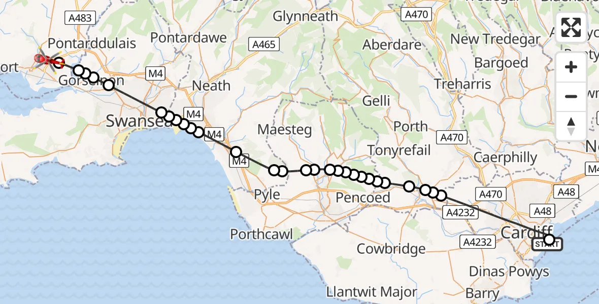 Flight route map: Air Ambulance Helicopter to Dafen, A4138