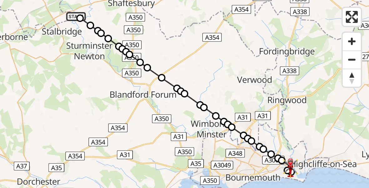 Flight route map: Air Ambulance Helicopter to Christchurch, Magdalen Lane