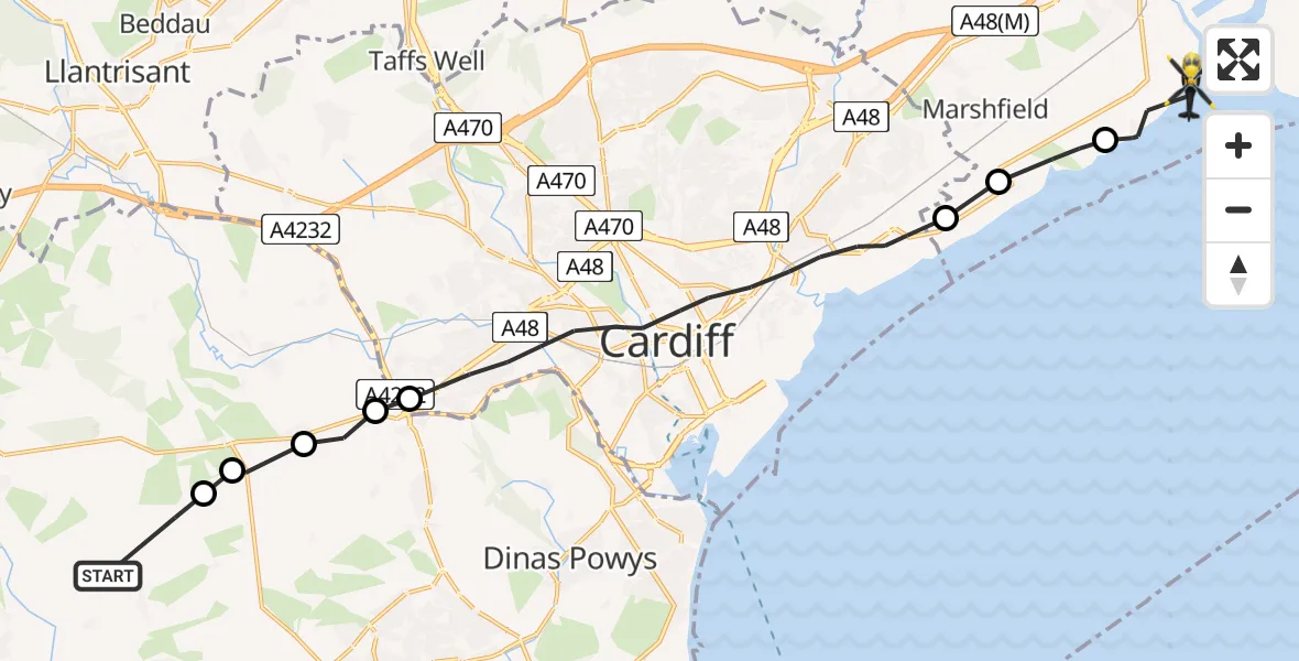 Flight route map: Police Helicopter to Newport, Heol Pont y Cwcw