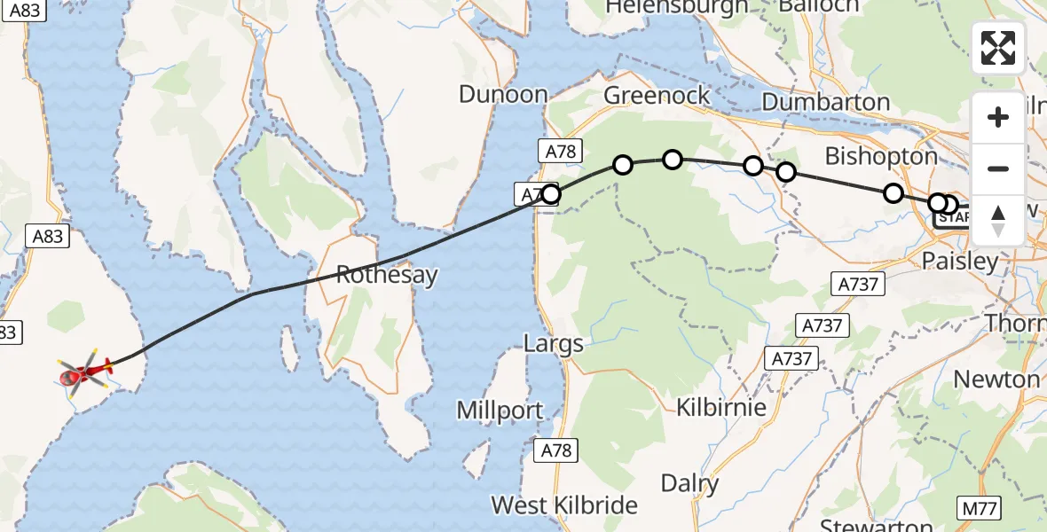 Flight path map showing Air Ambulance Helicopter route from Glasgow Airport to Inner Seas