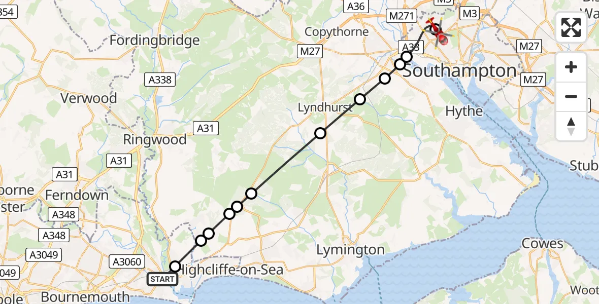 Flight route map: Air Ambulance Helicopter to University Hospital Southampton, University Hospital Southampton