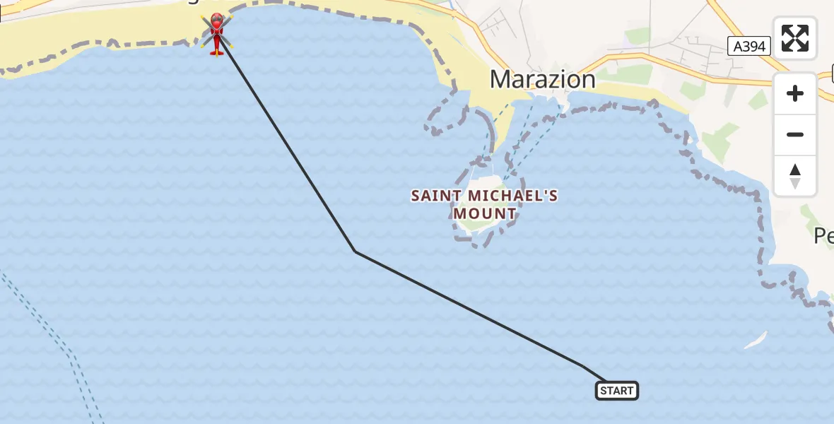 Flight path map showing Air Ambulance Helicopter route from English Channel to Longrock