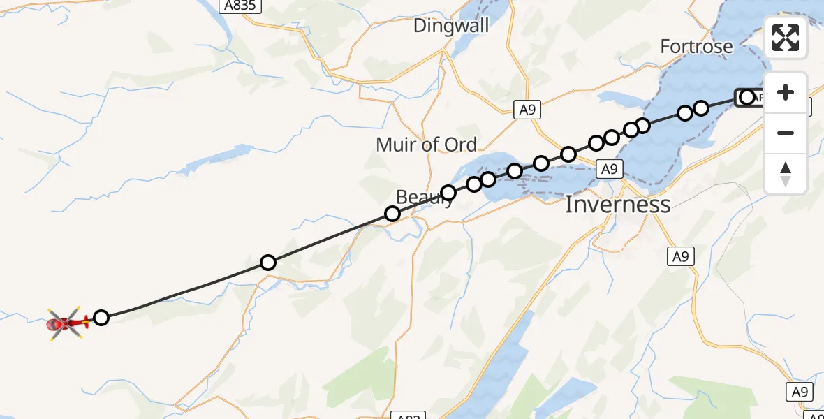 Flight route map: Air Ambulance Helicopter to Cannich, Old Military Road