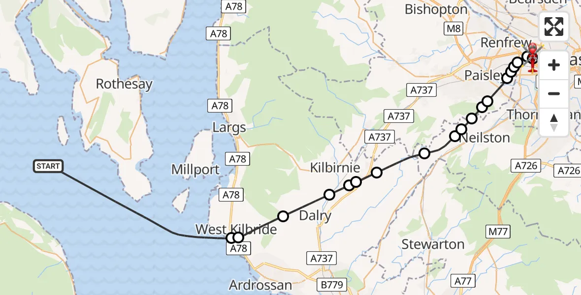 Flight route map: Air Ambulance Helicopter to Queen Elizabeth Hospital, Queen Elizabeth Hospital