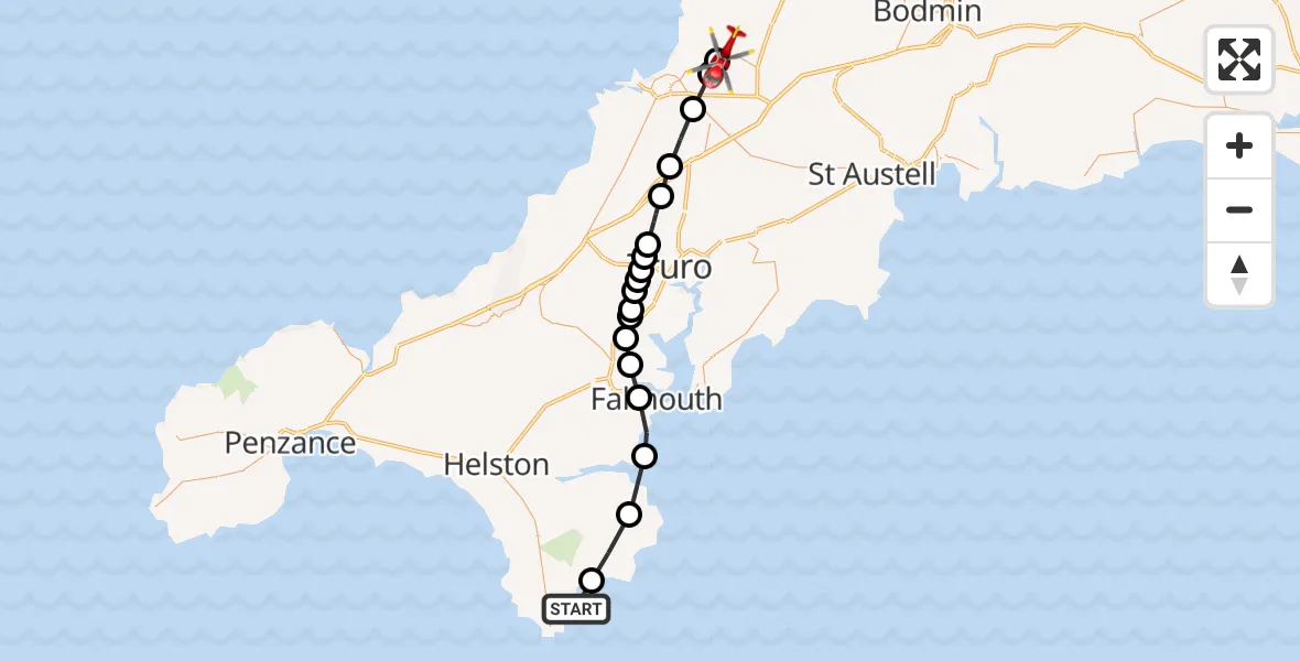 Routekaart van de vlucht: Air Ambulance Helicopter to Cornwall Airport Newquay, St. Columb Major
