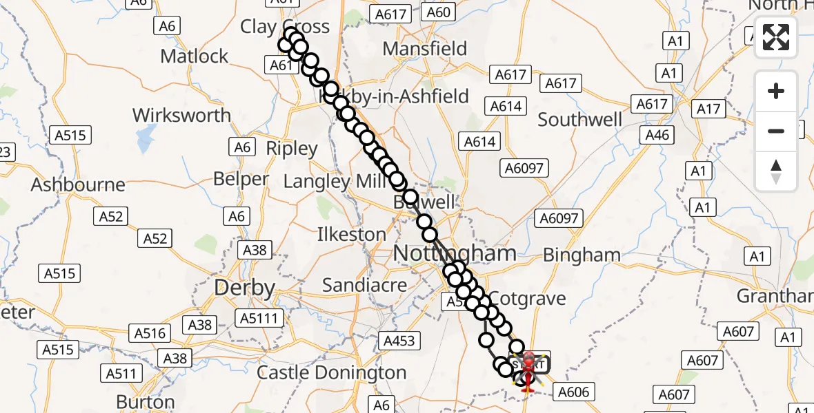 Flight route map: Air Ambulance Helicopter to Nottingham Heliport, Nottingham Heliport