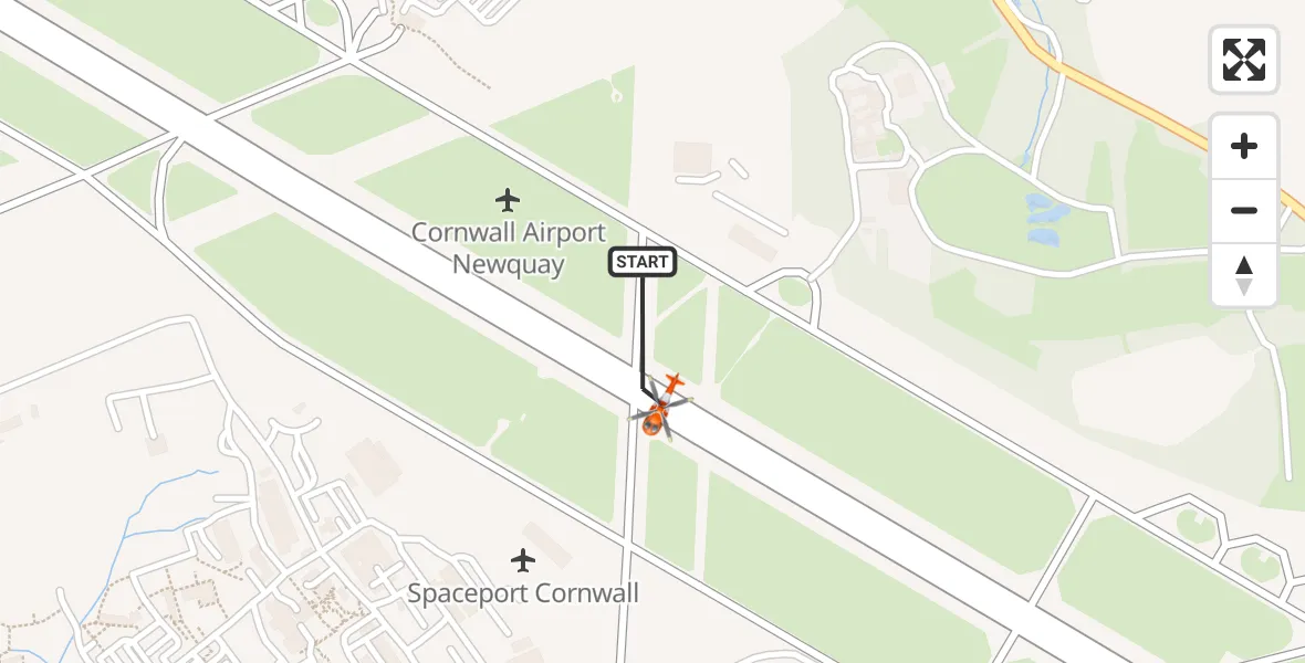 Flight path map showing Coastguard Helicopter route from Cornwall Airport Newquay to Cornwall Airport Newquay