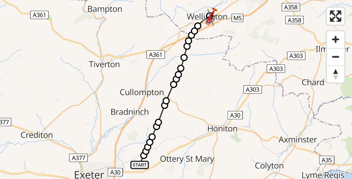 Flight route map: Air Ambulance Helicopter to Wellington, Meyer Close