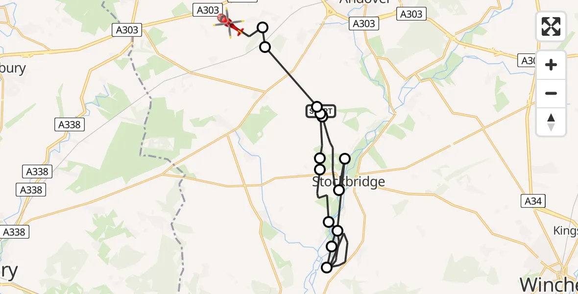 Flight route map: Air Ambulance Helicopter to Amport, Haydown Farm Access