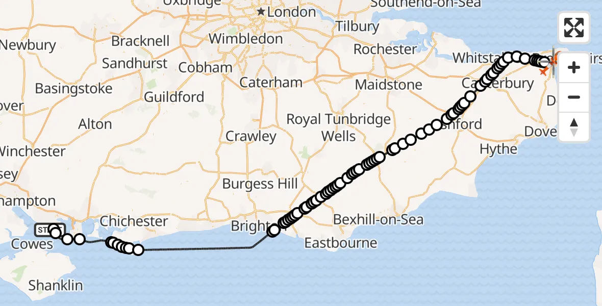 Flight route map: Coastguard Helicopter to Manston Airport, Manston Airport
