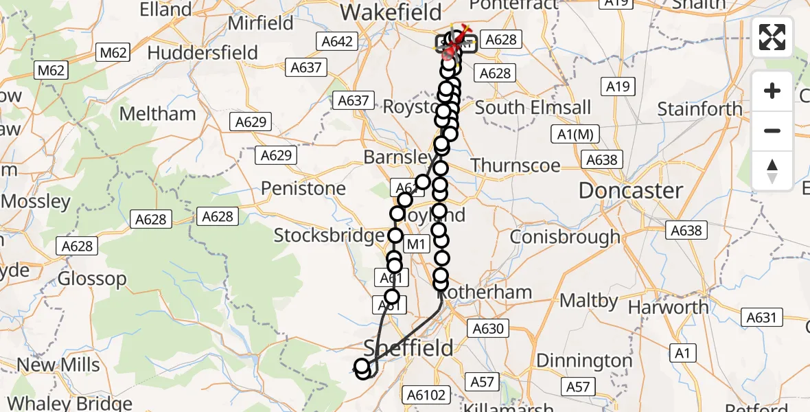 Flight path map showing Air Ambulance Helicopter route from YAA Nostell Helicopter Port to YAA Nostell Helicopter Port