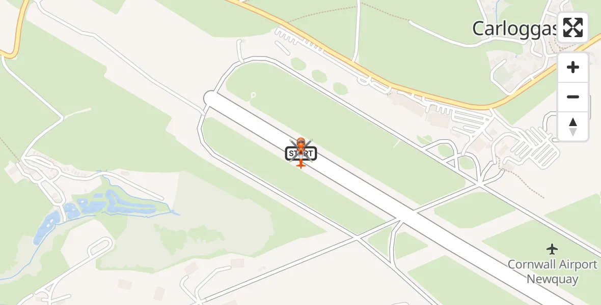 Flight path map showing Coastguard Helicopter route from Cornwall Airport Newquay to Cornwall Airport Newquay