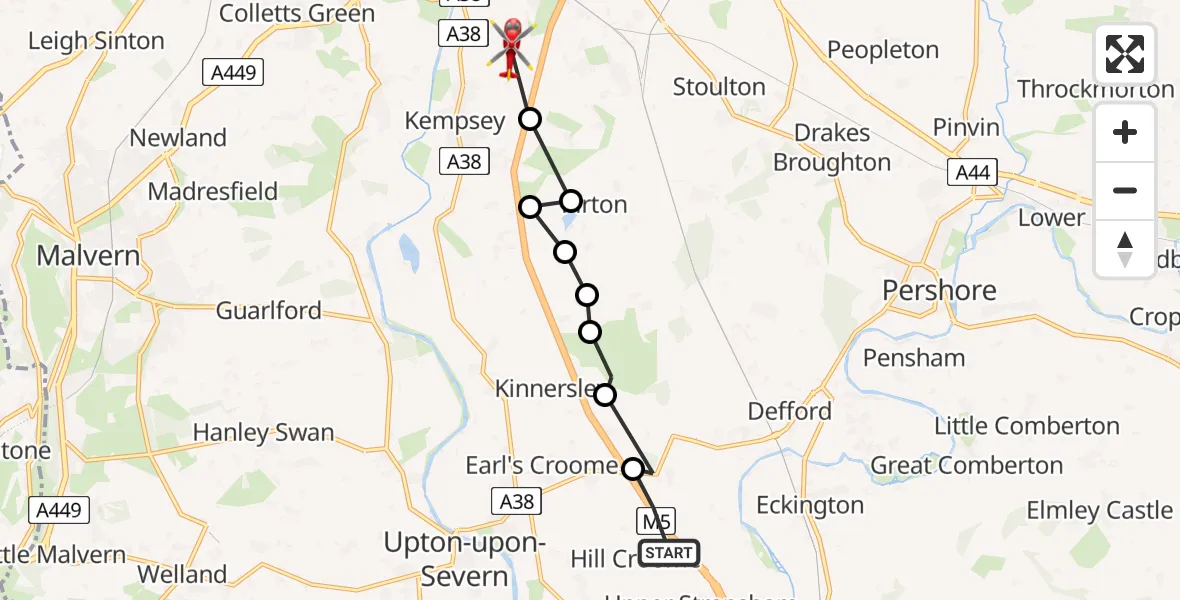 Routekaart van de vlucht: Air Ambulance Helicopter to Kempsey, Holdings Lane