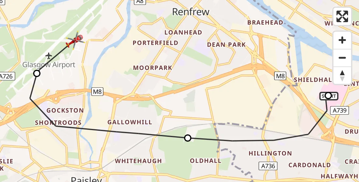 Flight route map: Air Ambulance Helicopter to Glasgow Airport, Glasgow Airport