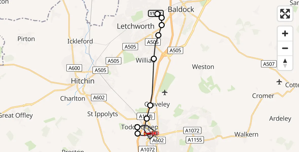 Flight route map: Air Ambulance Helicopter to Stevenage, Hitchin Road