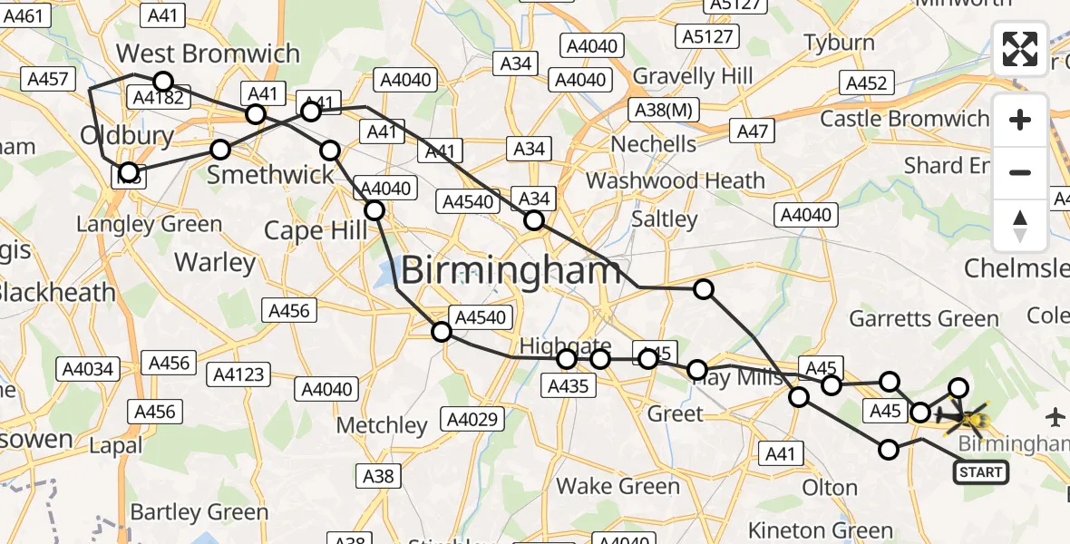 Routekaart van de vlucht: Police Helicopter to Birmingham, Sheldonfield Road