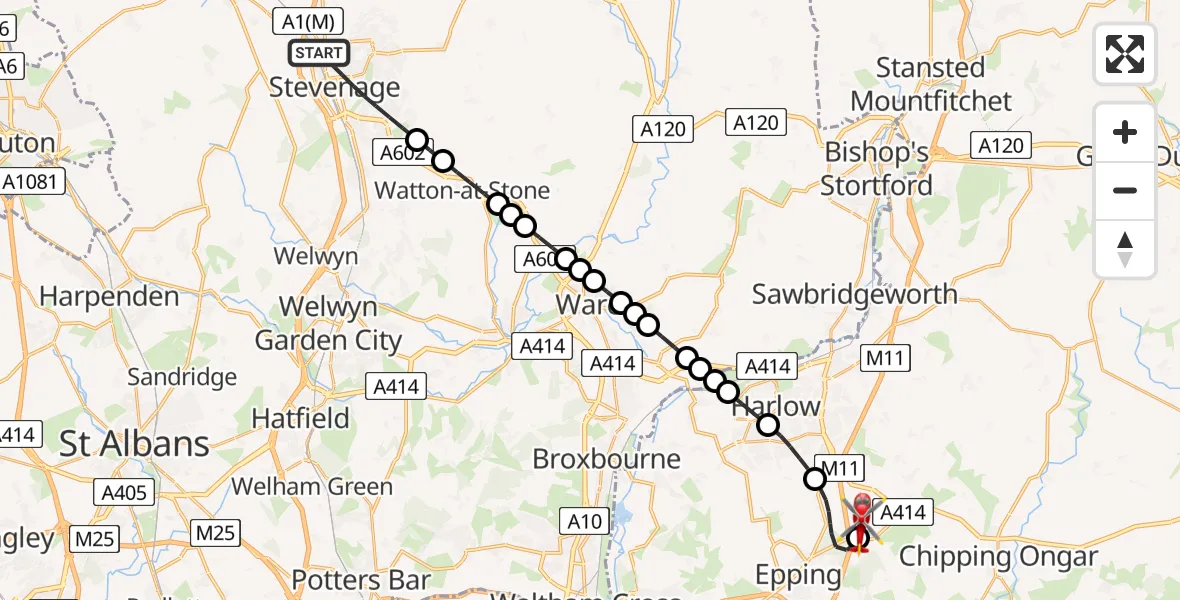 Flight route map: Air Ambulance Helicopter to North Weald Airfield, North Weald Airfield